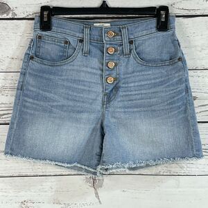 J. Crew SZ 24 Jean Shorts High-Rise Button-Fly Distressed Raw Hem Medium Wash